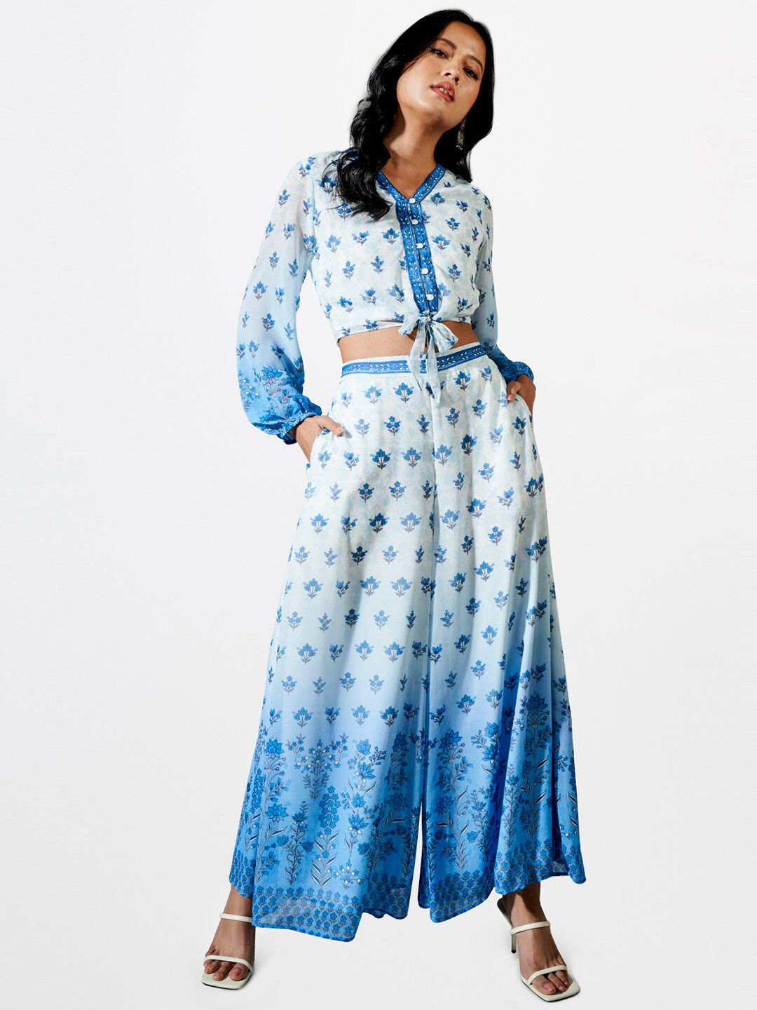Global Desi Blue & White Printed Top with Palazzo