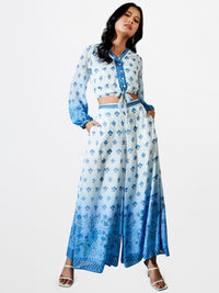 Global Desi Blue & White Printed Top with Palazzo