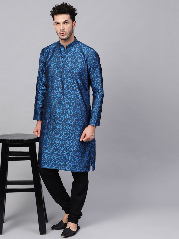 SOJANYA Lelaki Biru & Hitam Rekaan Tenun Kurta Lurus