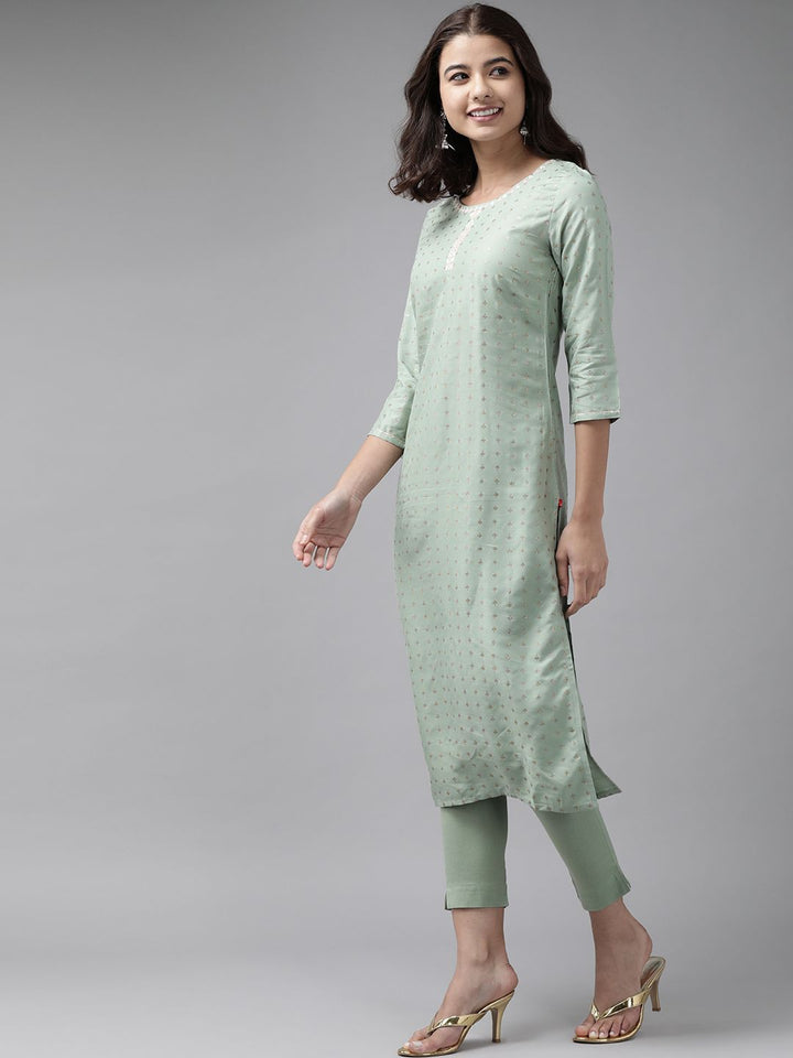 W Women Green & Golden Regular Sequinned Kurta with Trousers & With Dupatta