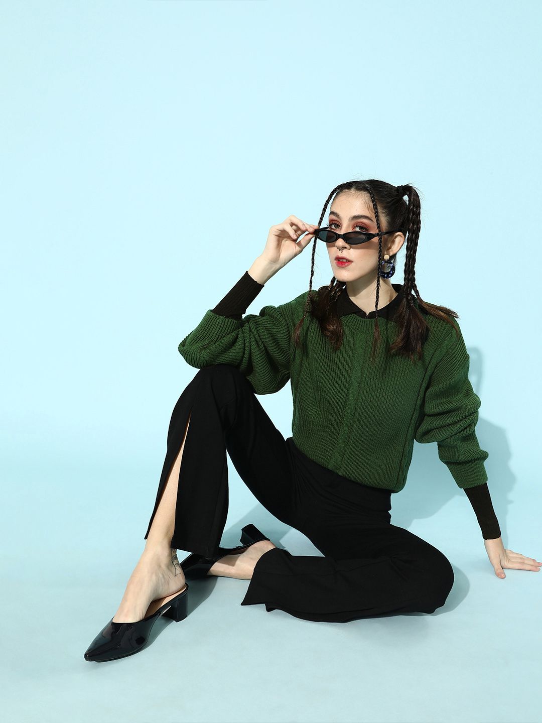 STREET 9 Women Green Acrylic Ribbed Pullover