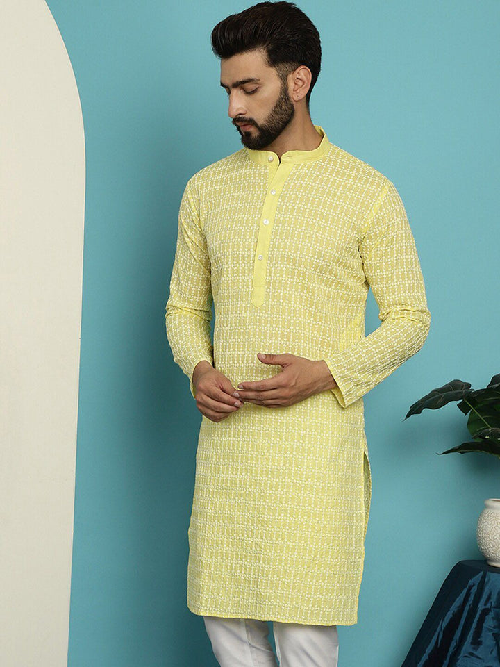 SOJANYA Striped Embroidered Thread Work Mandarin Collar Pure Cotton Straight Kurta