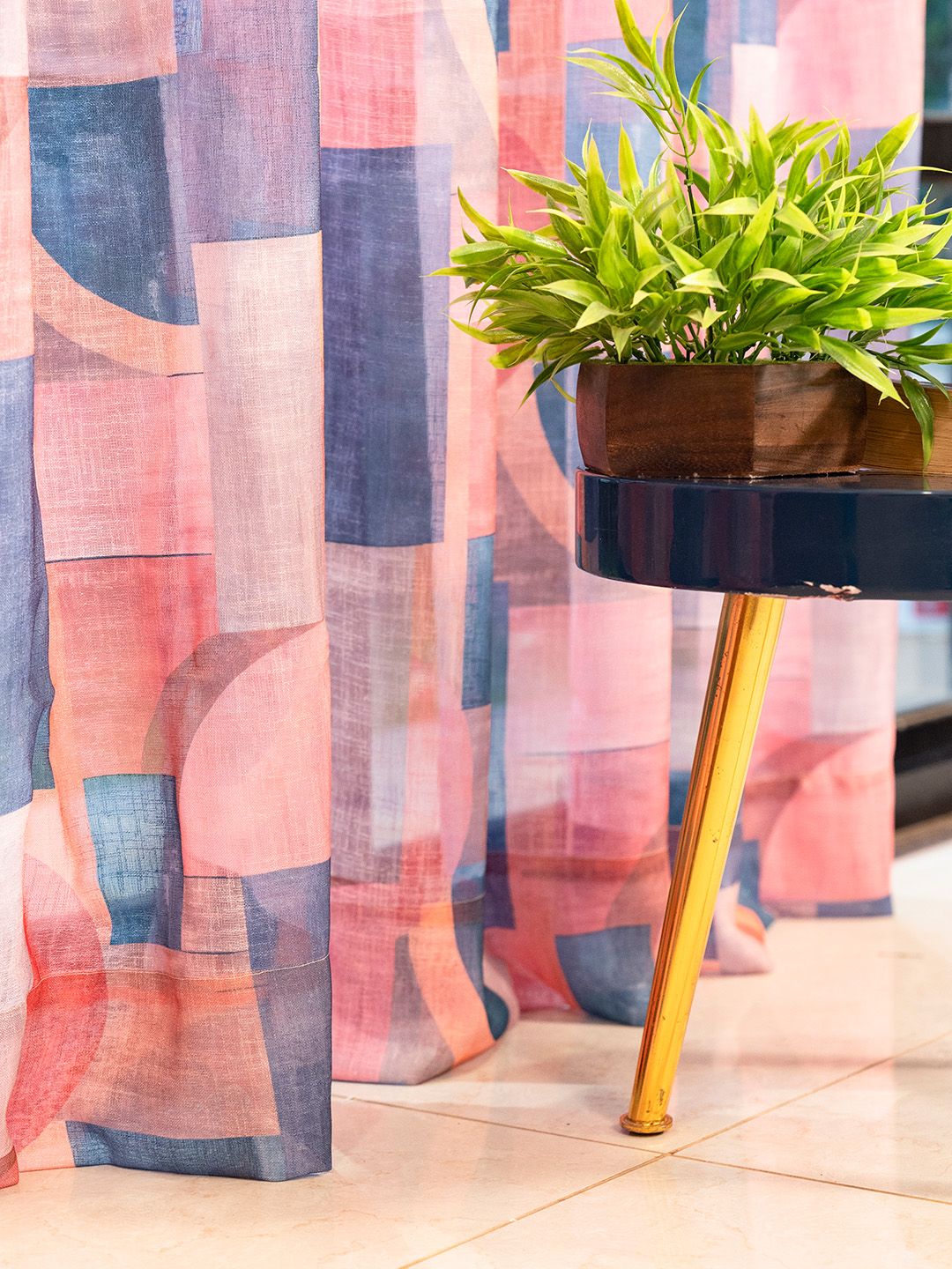 URBAN SPACE Pink 2 Pieces Geometric Printed Sheer Window Curtains