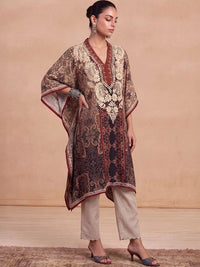 Rumah Wanita Chikankari Motif Etnik Bercetak Lengan Panjang Kerja Benang Crepe Kaftan Kurta