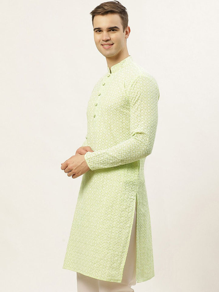 Jompers Men Green & White Ethnic Motifs Embroidered Thread Work Kurta