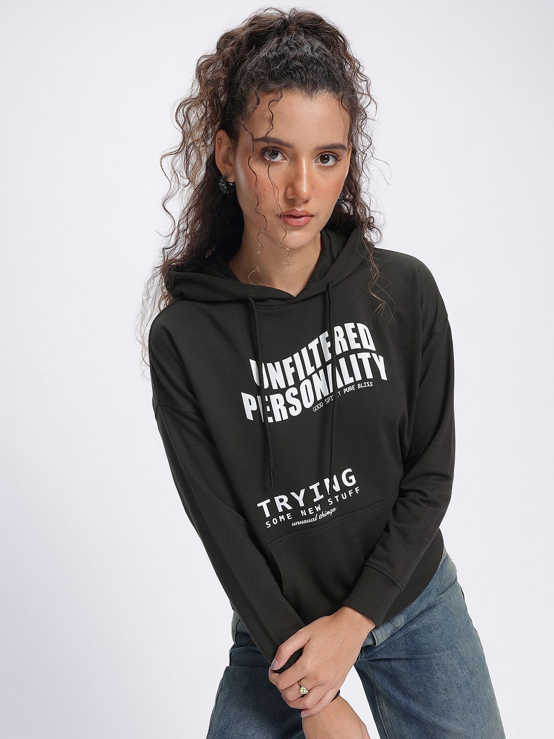 DressBerry Statement Print Hooded Drop-Shoulder Sweatshirt
