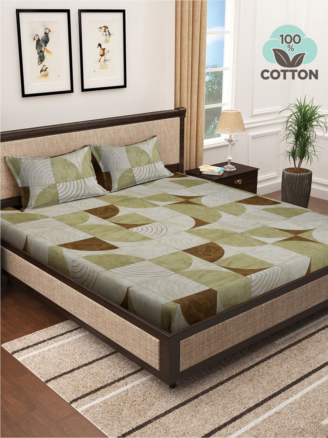 KLOTTHE Green Geometric Pure Cotton 400TC Super King Double Bedsheet & 2 Pillow Covers