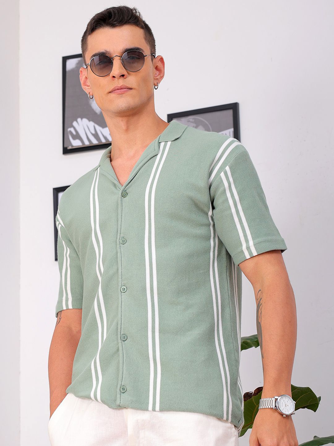 The Indian Garage Co Men Relaxed Fit Striped Flat Knit Polo Resortwear Shirt
