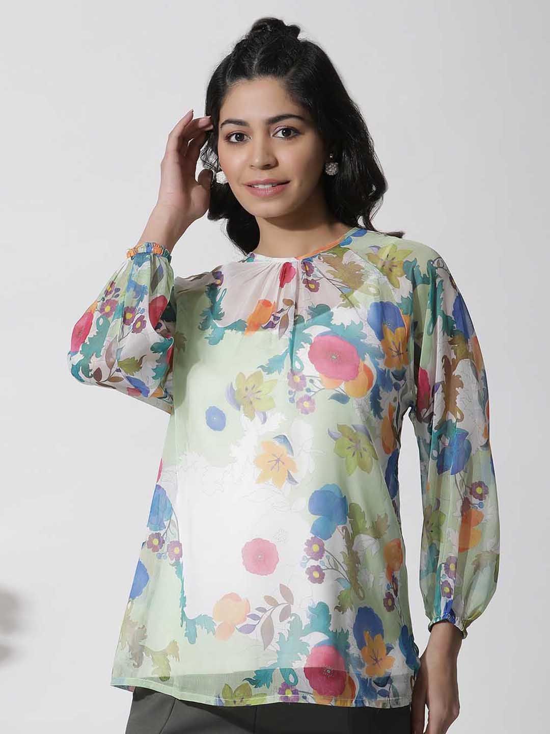W Floral Printed Puffed Sleeves Pure Chiffon Top