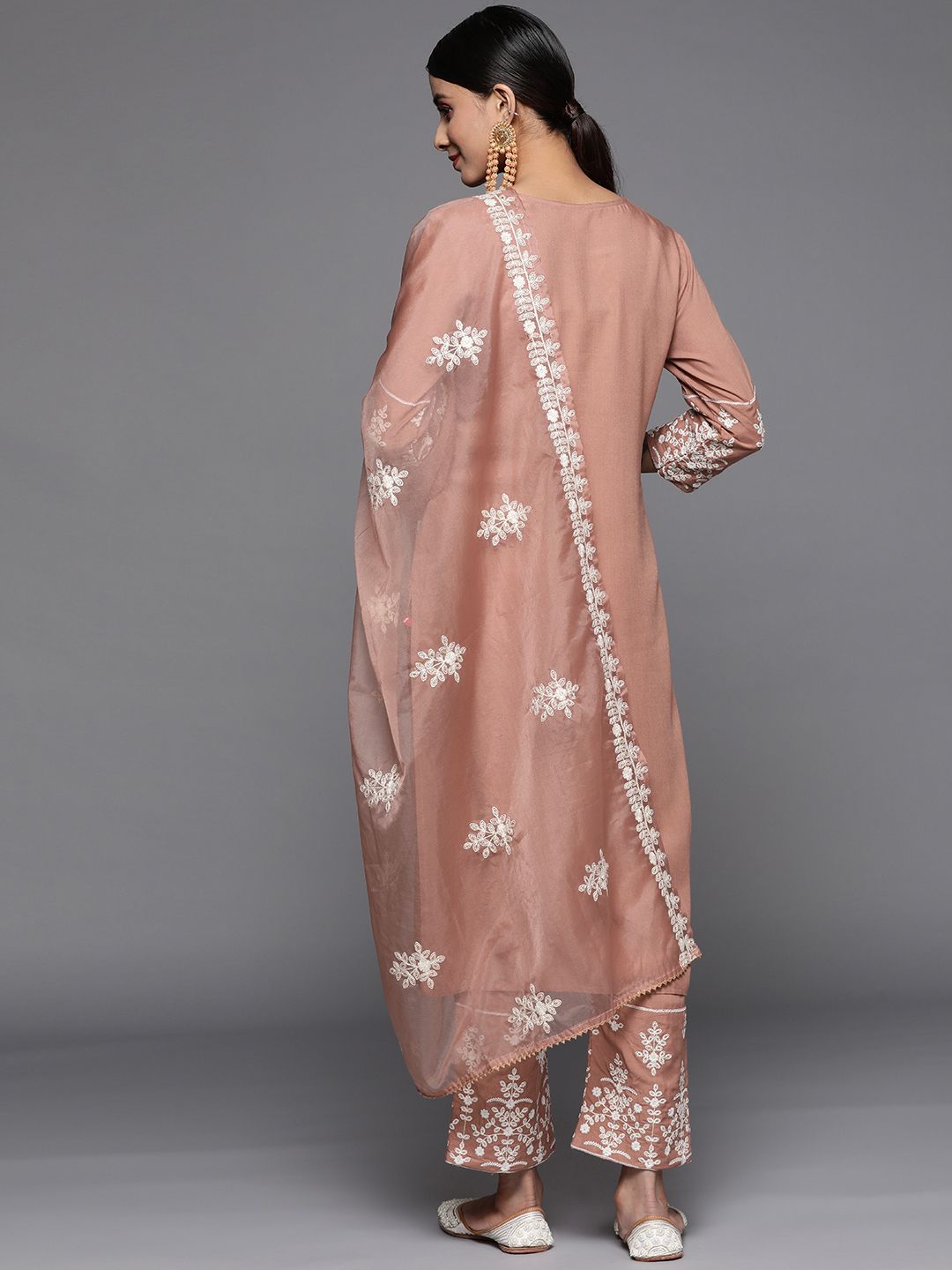 Varanga Women Beige Thread Embroidered Pure Cotton Kurta with Trouser and Dupatta