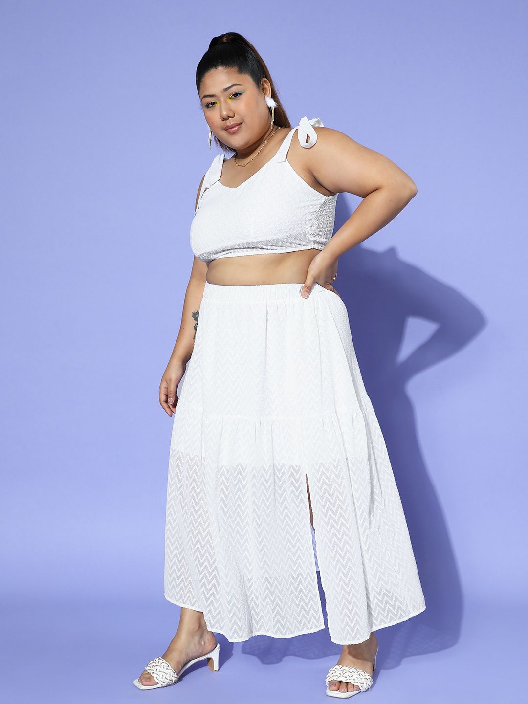 Berrylush Curve Solid Back Tie Shoulder Cami Top & Slit Skirt