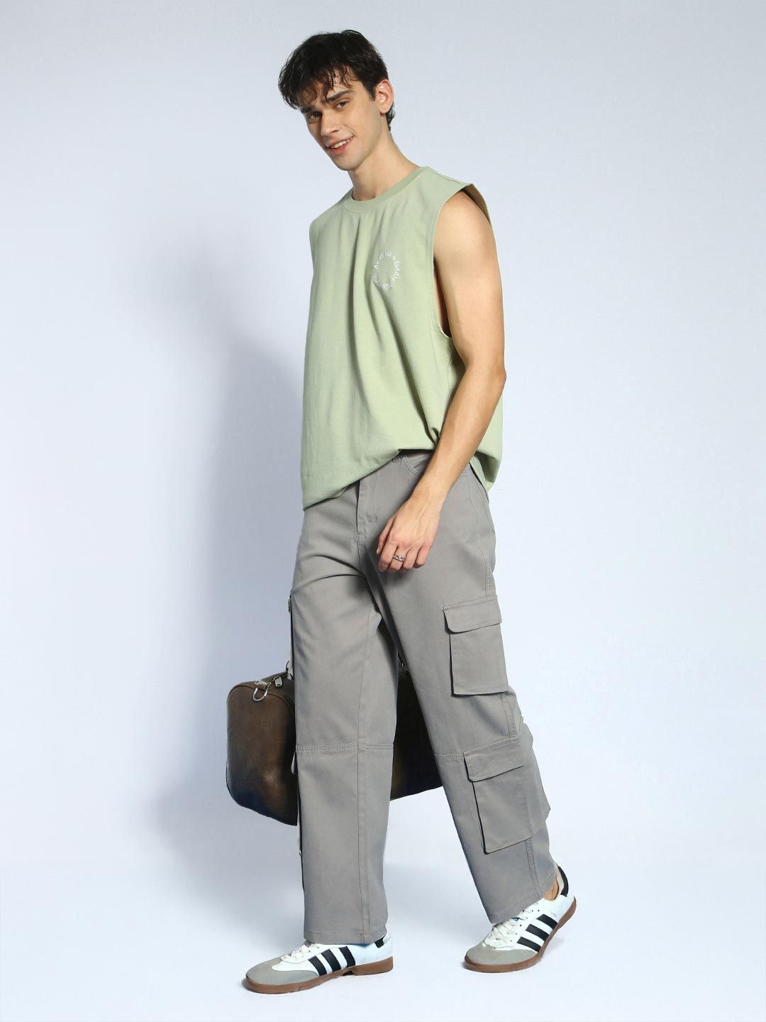 Urbano Fashion Men Grey Loose Baggy Fit Cargo Chino Pant with 8 Pockets Stretchable