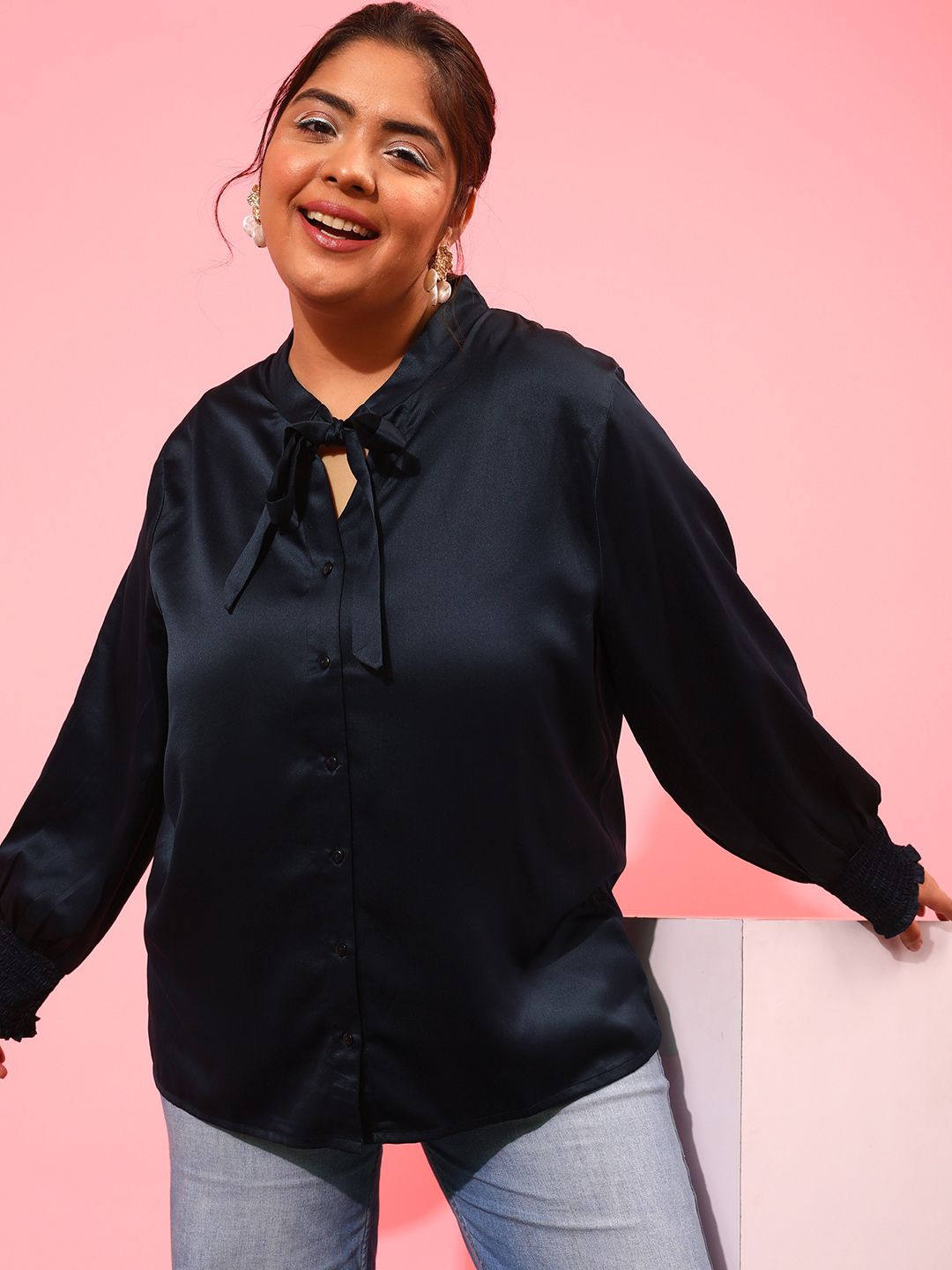 CURVY STREET Plus Size Tie-Up Neck Shirt Style Top