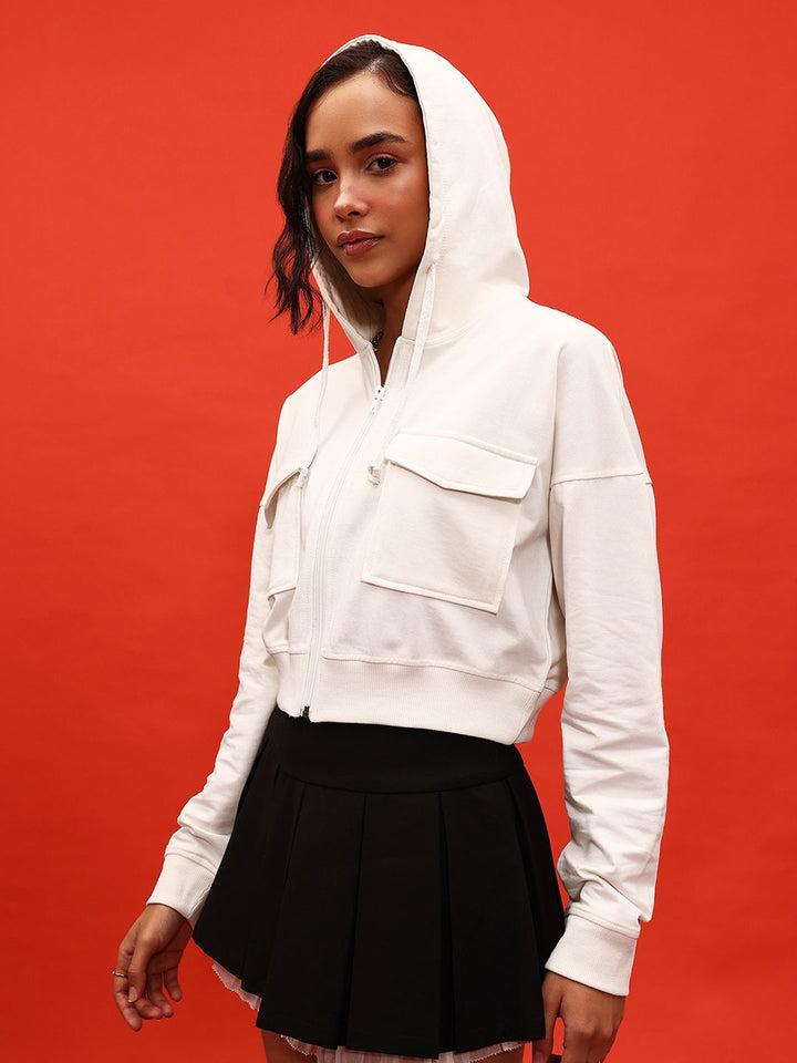 DressBerry Hooded Drop-Shoulder Sleeve Crop Sweatshirt