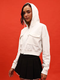 DressBerry Hooded Drop-Shoulder Sleeve Crop Sweatshirt