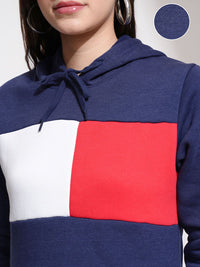 Tokyo Talkies Women Navy Blue & Red Colourblocked Hooded Sweatshirt