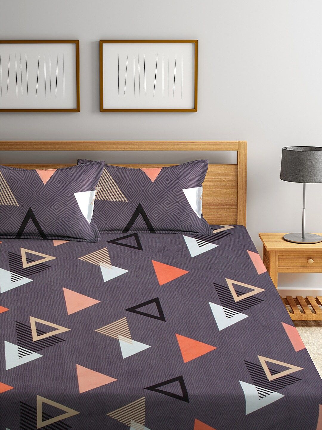 KLOTTHE Purple Geometric 300 TC Cotton Blend 1 King Bedsheet with 2 Pillow Covers