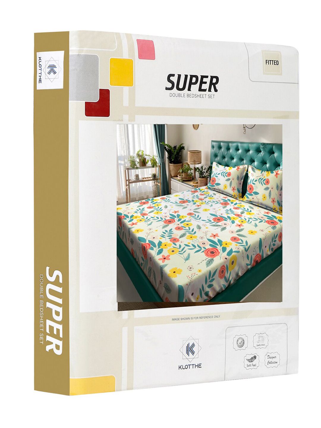 KLOTTHE White & Blue Floral Printed 300TC Fitted Double King Bedsheet With 2 Pillow Covers