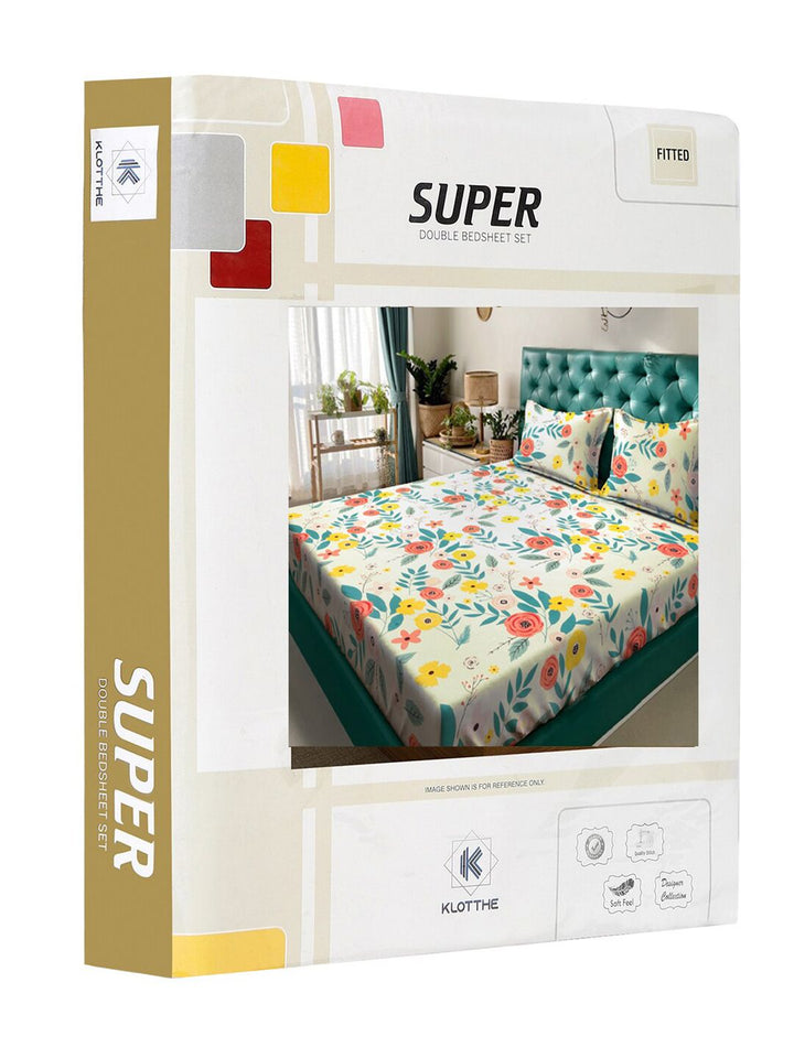 KLOTTHE White & Blue Floral Printed 300TC Fitted Double King Bedsheet With 2 Pillow Covers