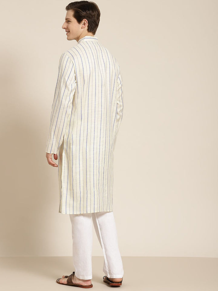 SOJANYA Men Cream-Coloured & Blue Pure Cotton Striped Kurta