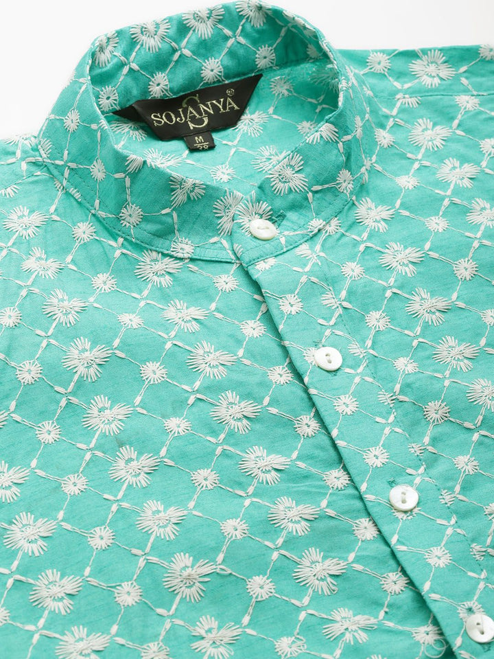 SOJANYA Lelaki Motif Etnik Hijau & Biru Sulam Kurta Churidar