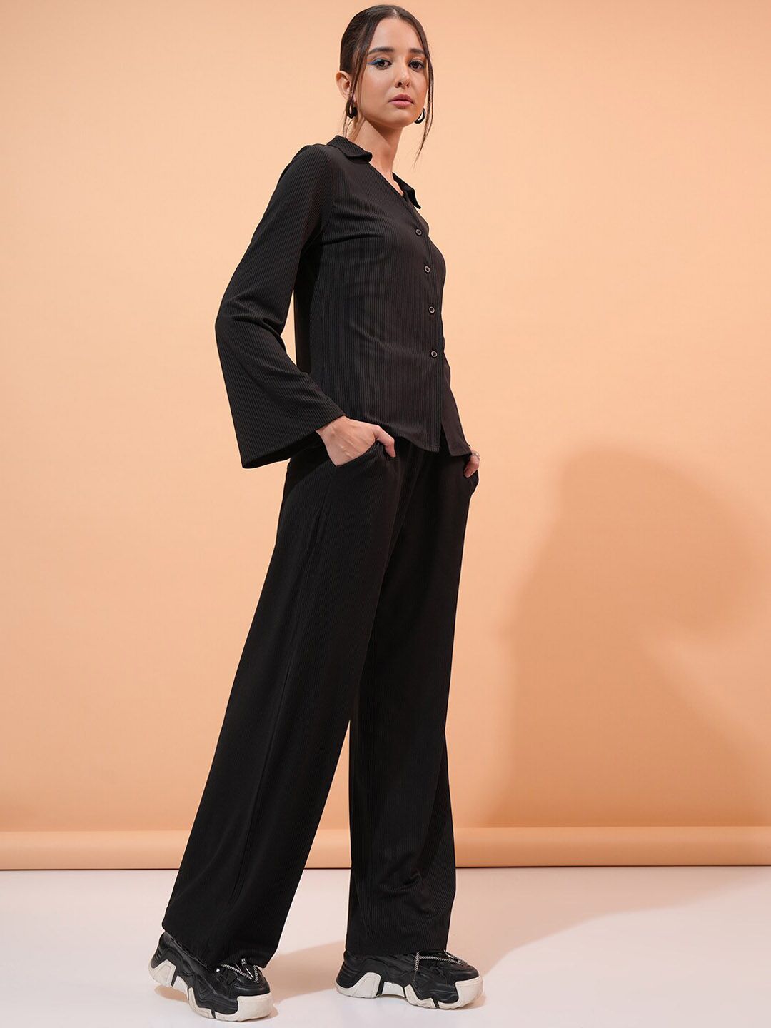 Tokyo Talkies Black Ribbed Shirt & Trousers