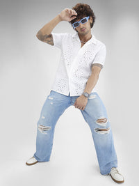 VASTRADO Classic Oversized Schiffli Floral Embroidered Cuban Collar Cotton Shirt
