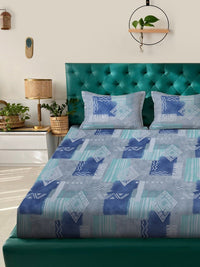 KLOTTHE Blue Geometric Printed 400TC Pure Cotton Fitted Set Cadar Double King