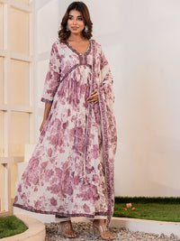 Vishudh White Floral Printed V-Neck Thread Work Pure Cotton Kurta with Trousers & Dupatta