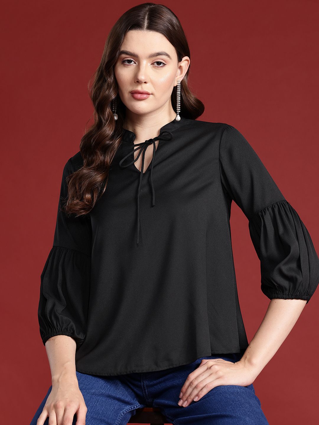 all about you Tie-Up Neck Puff Sleeves Top