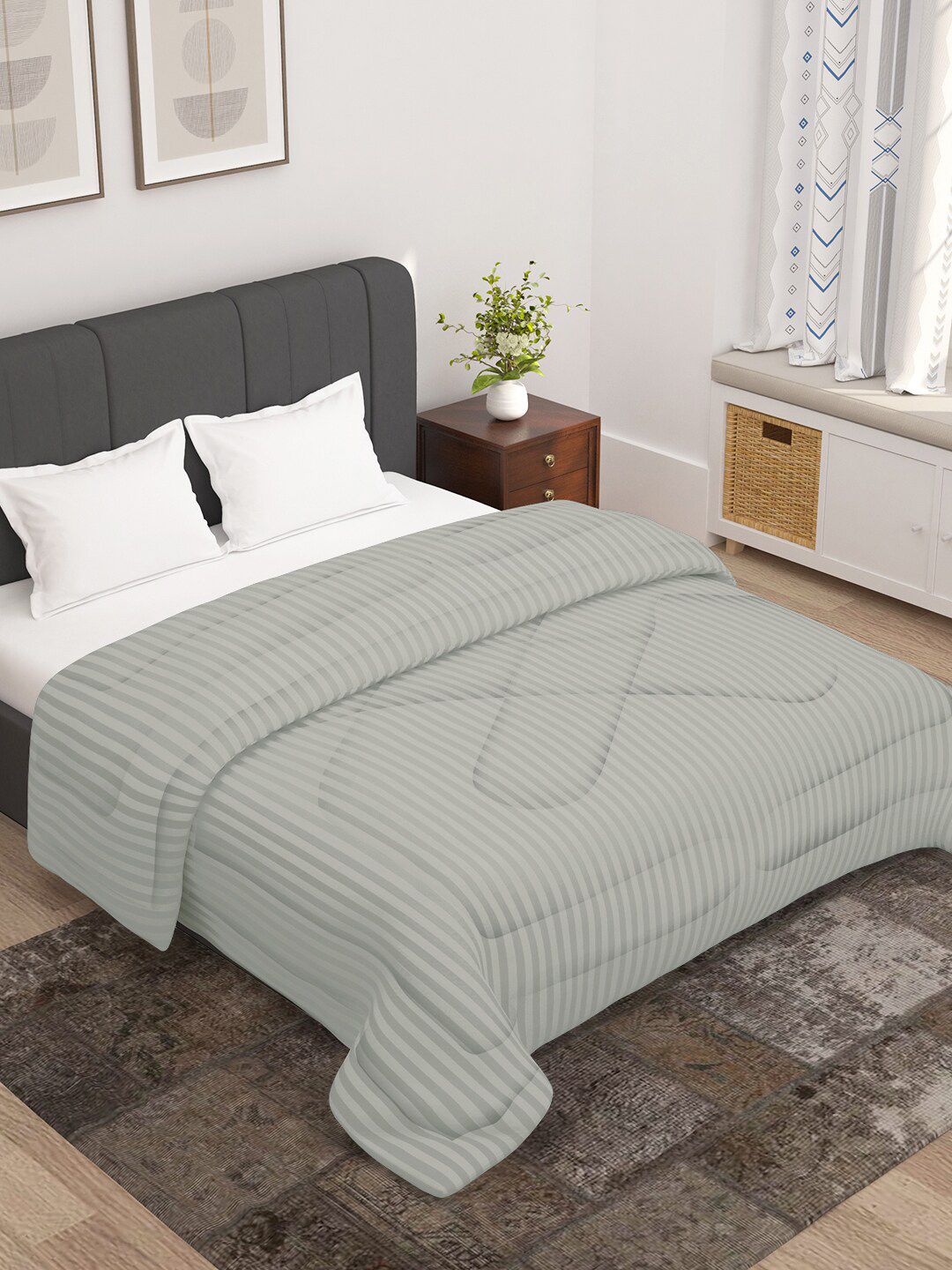 Story@home Grey Striped 180 GSM Ac Room Reversible Double Bed Comforter
