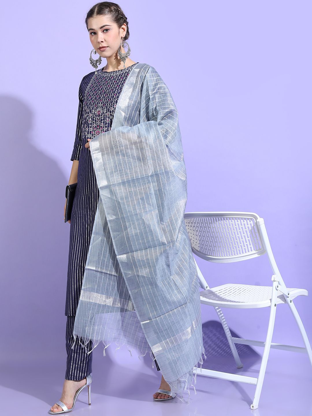 Vishudh Women Striped Regular Pure Cotton Kurta with Palazzos & With Dupatta
