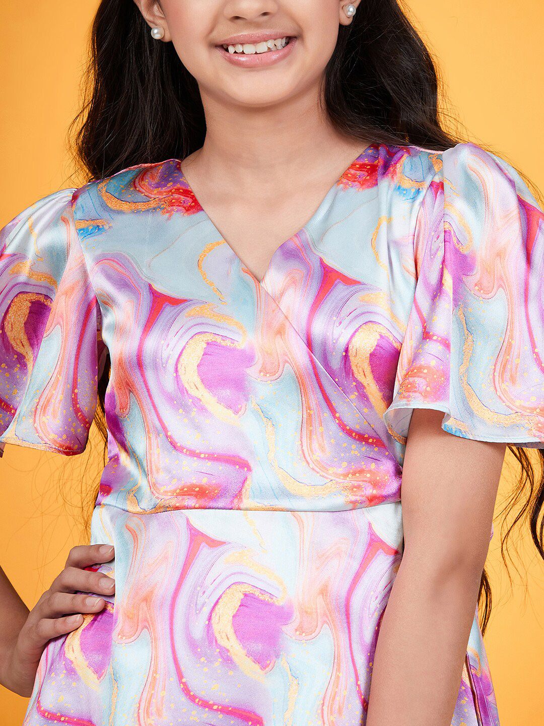 pspeaches Girls Abstract Printed V-Neck Flared Sleeves Tie-Up Satin Fit & Flare Dress