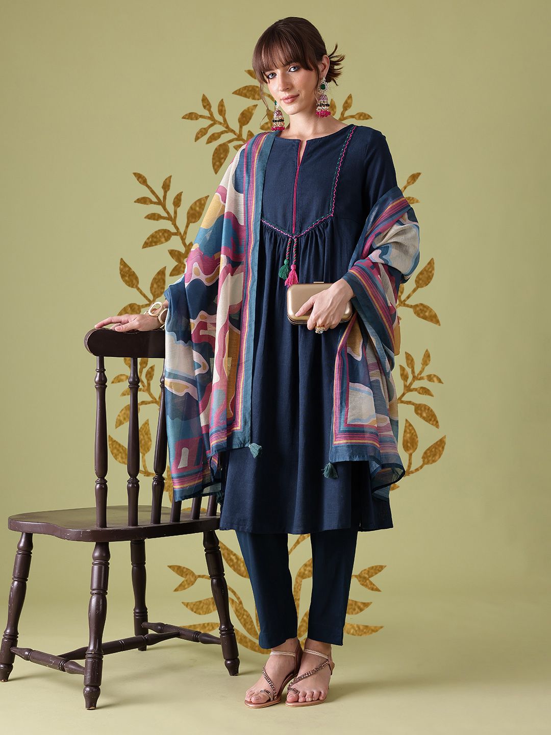Anouk Pleated Pure Cotton Kurta with Trousers & Dupatta