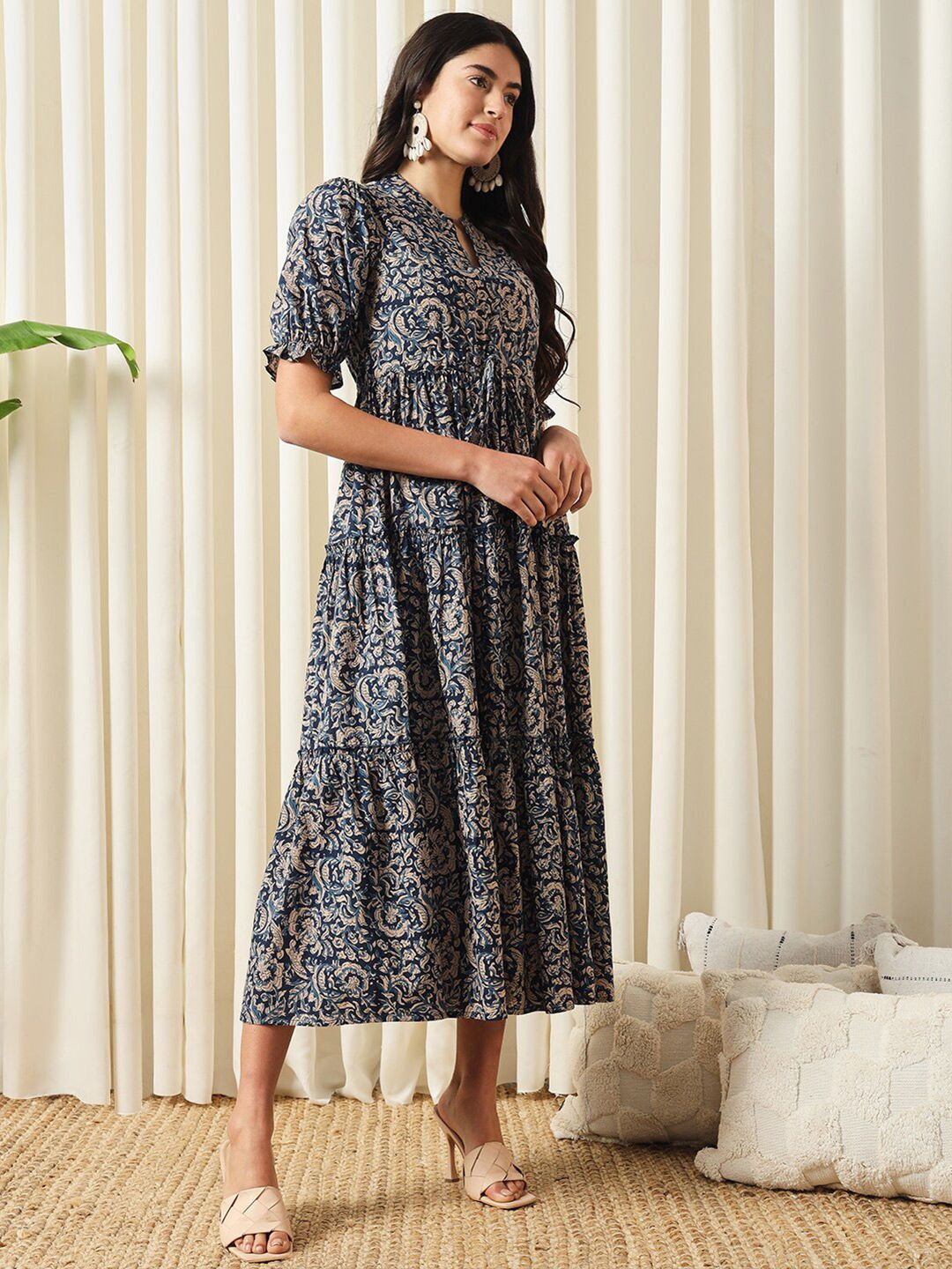 KALINI Floral Printed Mandarin Collar Puff Sleeves Cotton Fit and Flare Dress