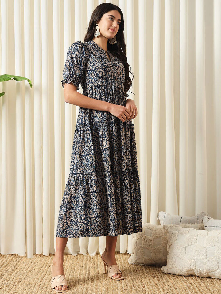 KALINI Floral Printed Mandarin Collar Puff Sleeves Cotton Fit and Flare Dress