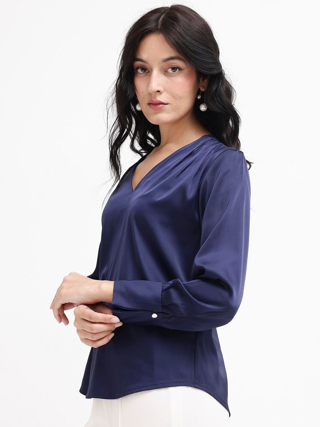 RAREISM V Neck Long Cuffed Sleeves Styled Back Top