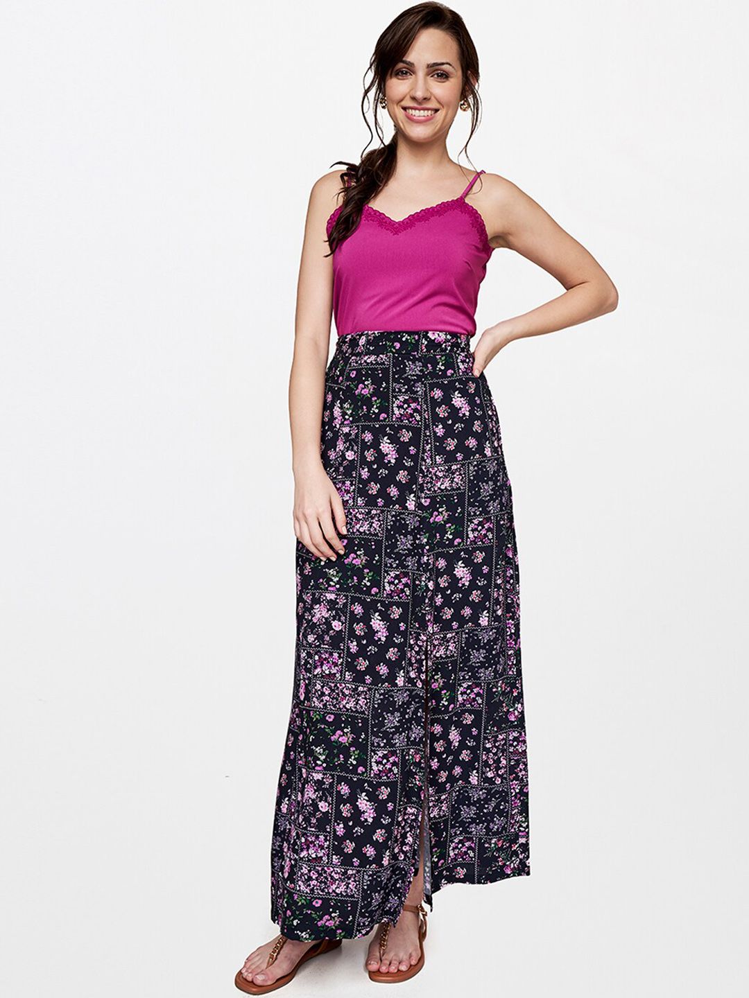 AND Women Purple & Black Printed Viscose Rayon Maxi A-Line Skirt