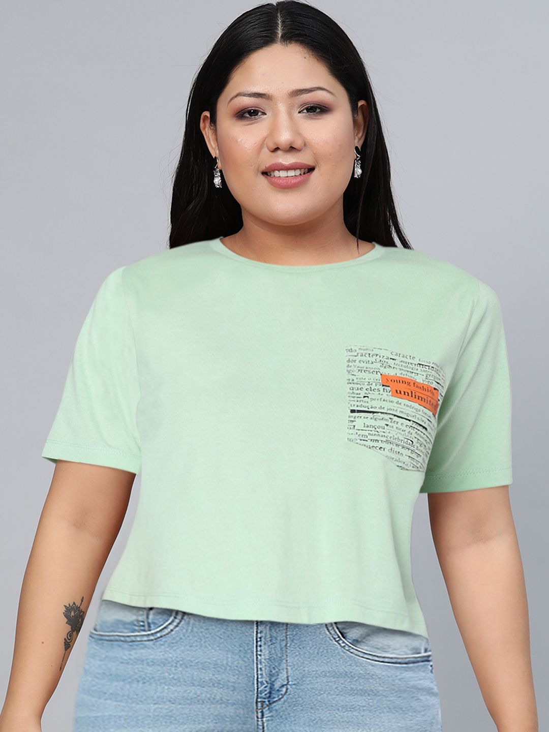 SASSAFRAS Women Green Typography Printed Pure Cotton T-shirt