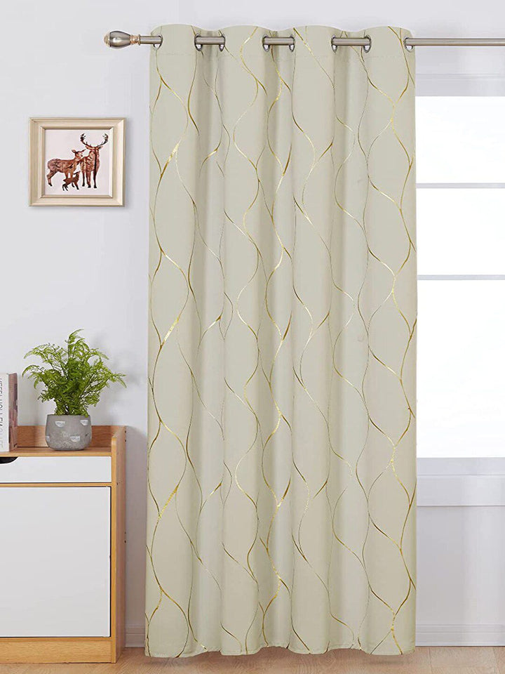 URBAN SPACE Gold Foil Beige Printed Cotton Black Out Window Curtain