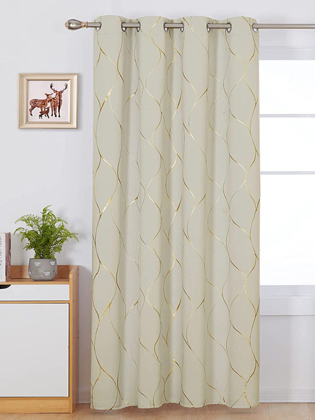 URBAN SPACE Gold Foil Beige Printed Cotton Black Out Window Curtain