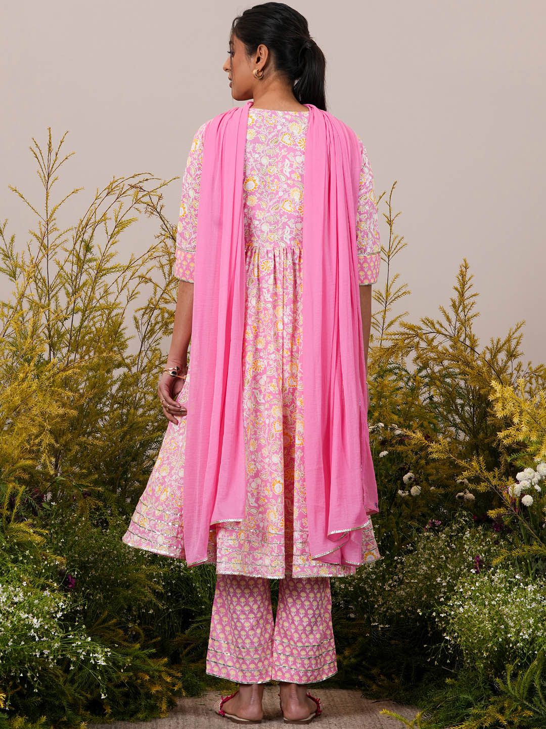 Libas Floral Yoke Design Pleated Gotta Patti Pure Cotton Kurta with Trousers & Dupatta