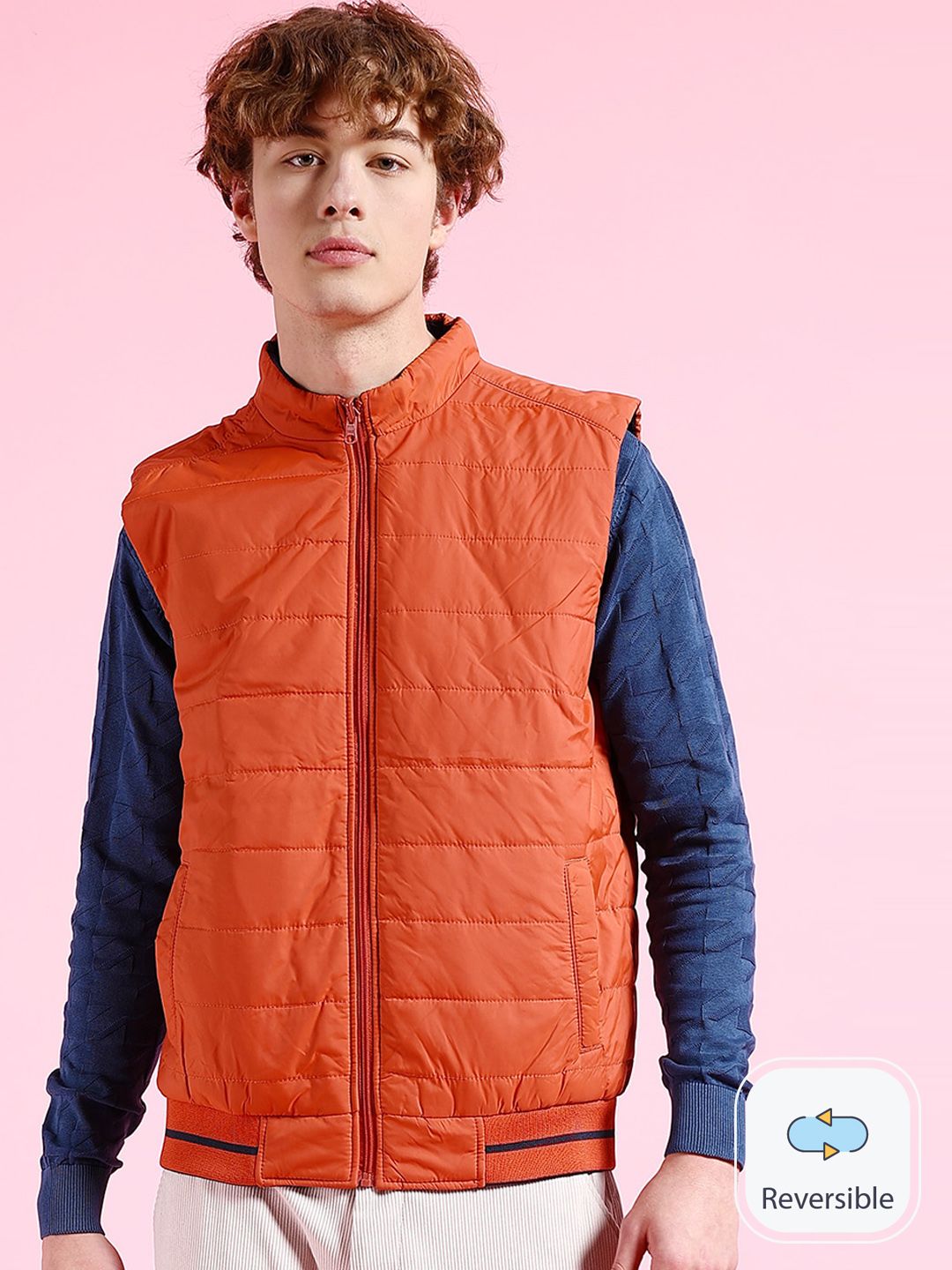 The Indian Garage Co Men Blue Colourblocked Reversible Crop Outdoor Padded Jacket