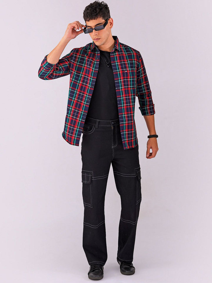 The Indian Garage Co Men Spread Collar Tartan Checked Cotton Slim Fit Casual Shirt