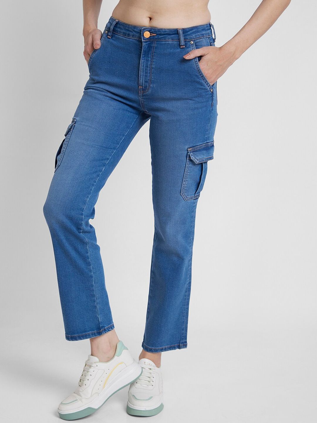 SPYKAR Women Straight Fit Light Fade Clean Look Stretchable Cargo Jeans