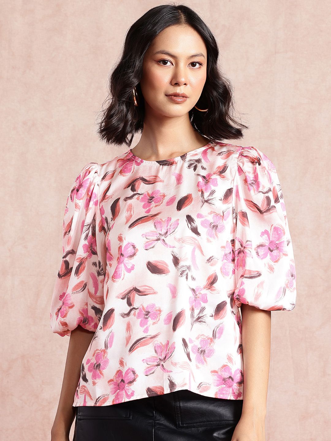 all about you Satin-Finish Floral Print Puff Sleeves Top
