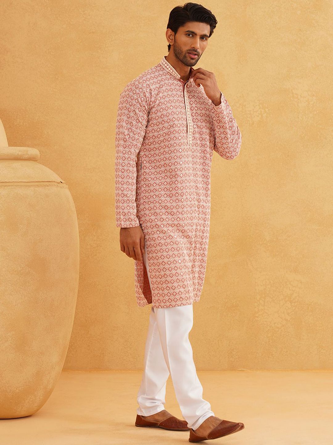 SOJANYA Geometric Embroidered Mandarin Collar Thread Work Pure Cotton Kurta With Churidar