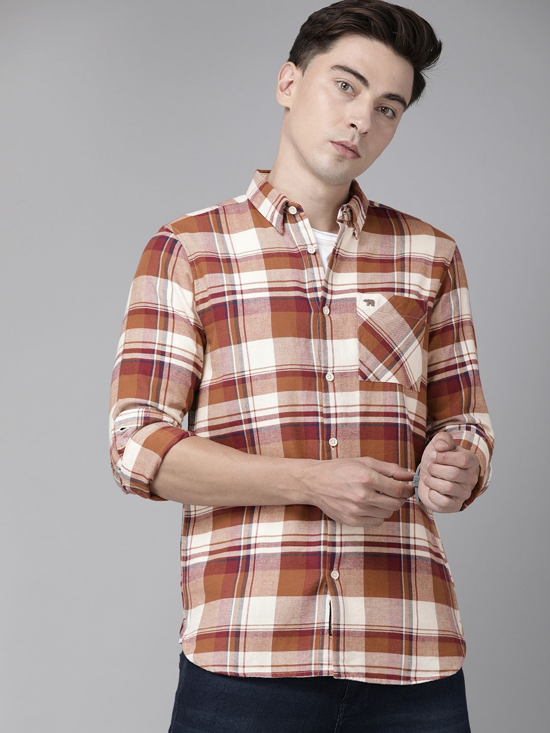 THE BEAR HOUSE Men Rust Orange & White Slim Fit Checked Pure Cotton Casual Shirt