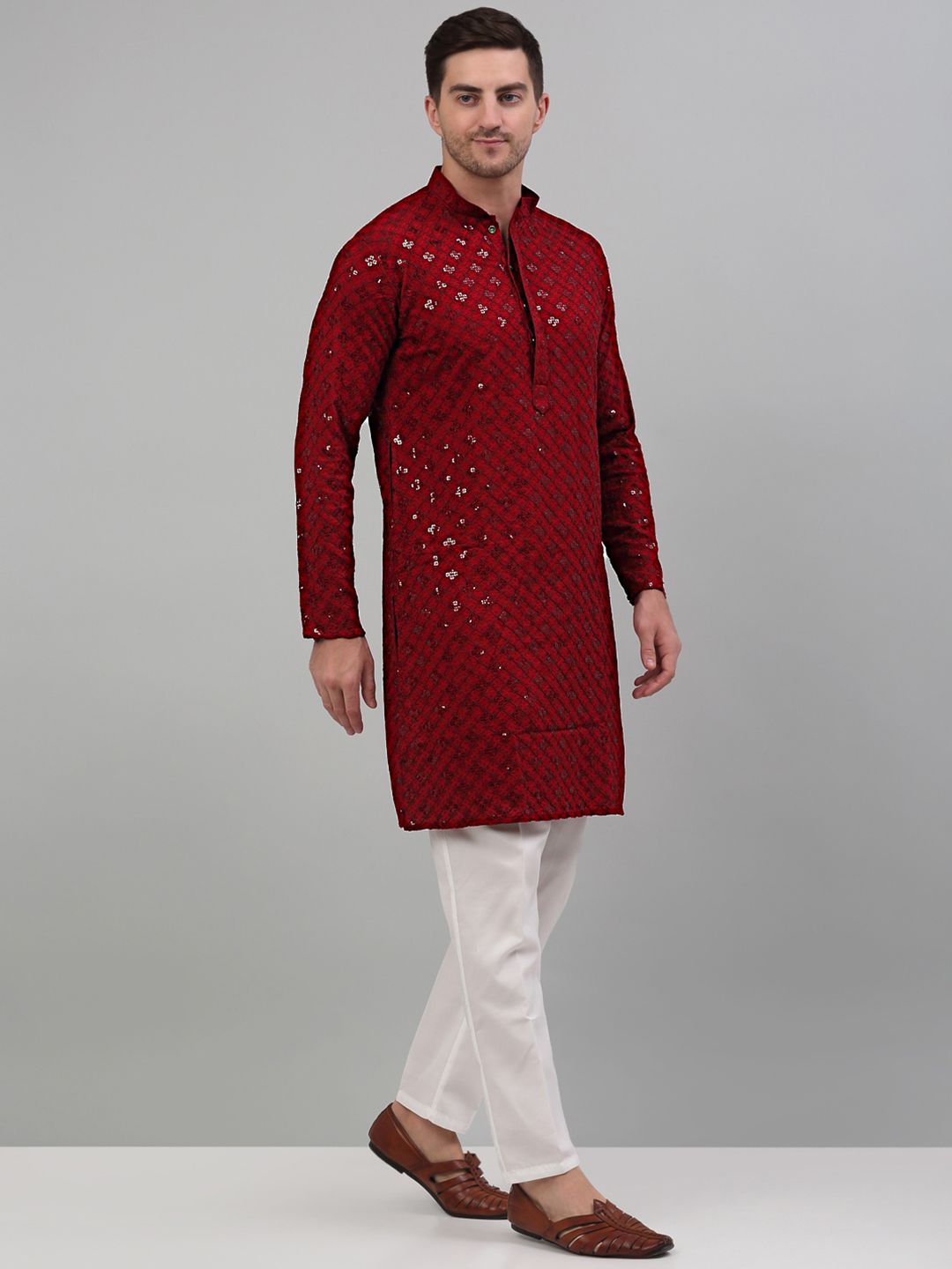 Jompers Mandarin Collar Embroidered Chikankari Straight Kurta With Pyjamas