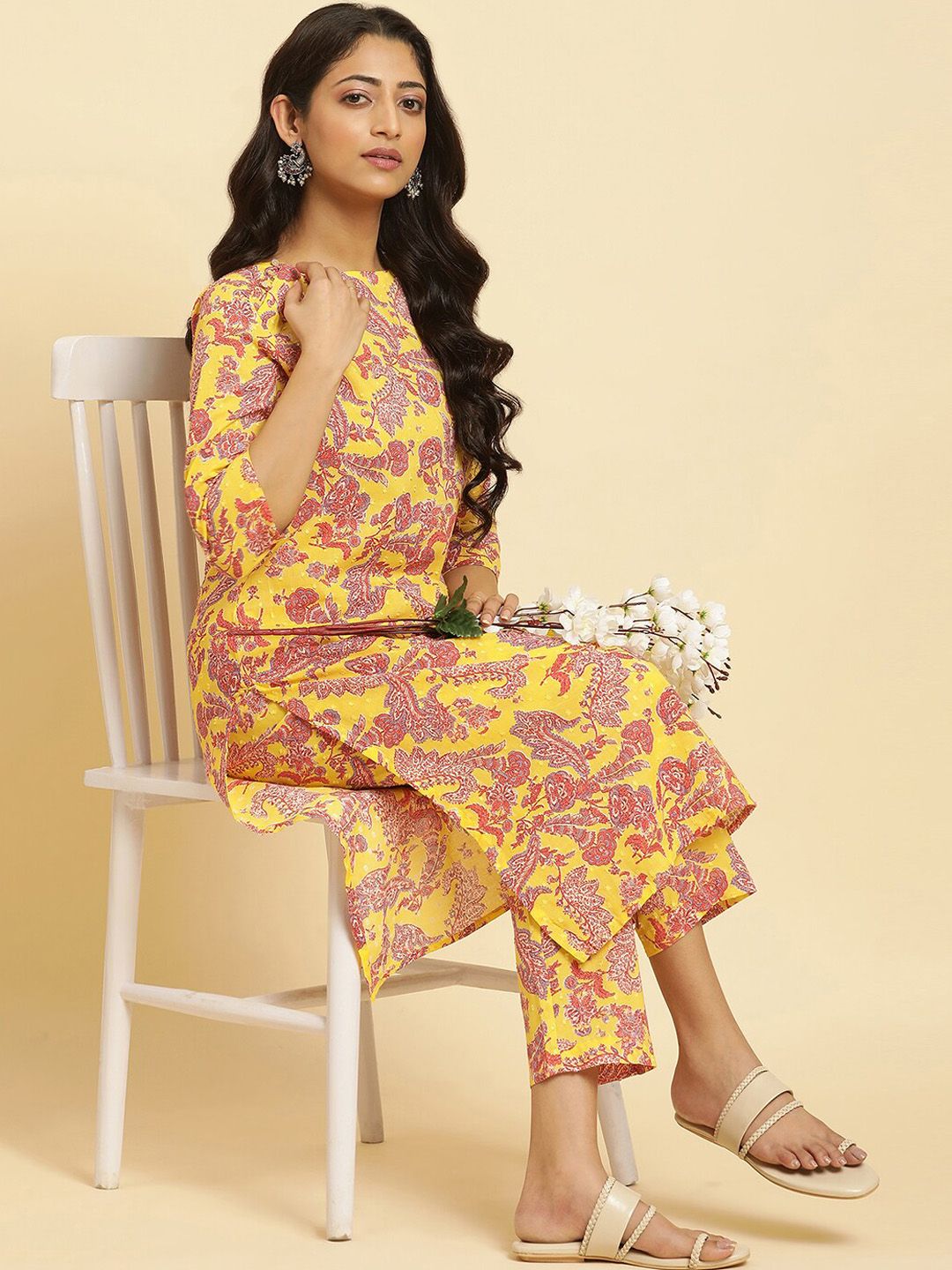 W Floral Printed Regular Pure Cotton Kurta with Trousers